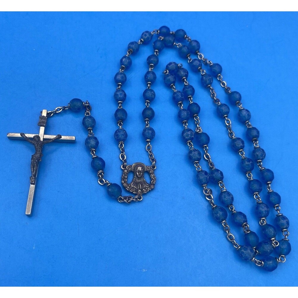 Vintage Blue Textured Plastic Bead Rosary, Mary, Jesus, ITALY, Christianity